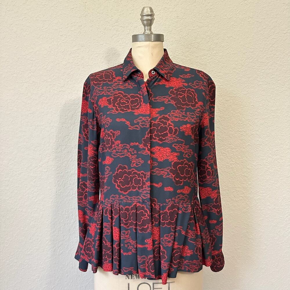 DRIES VAN NOTEN Cloud Print Top Black Red Pleated Peplum Blouse